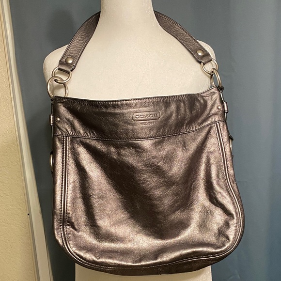 Coach Handbags - Coach Metallic Shoulder Bag In Dark Silver/Grey.